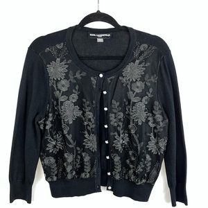 Karl Lagerfeld Floral Embroidered Cropped 3/4 Sleeve Button-Down Cardigan